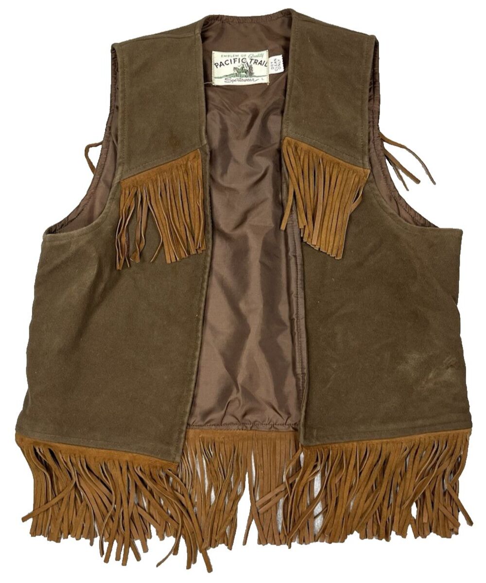 VTG Pacific Trail Brown Suede Fringe Western Vest Kids Large L Cowboy Costume